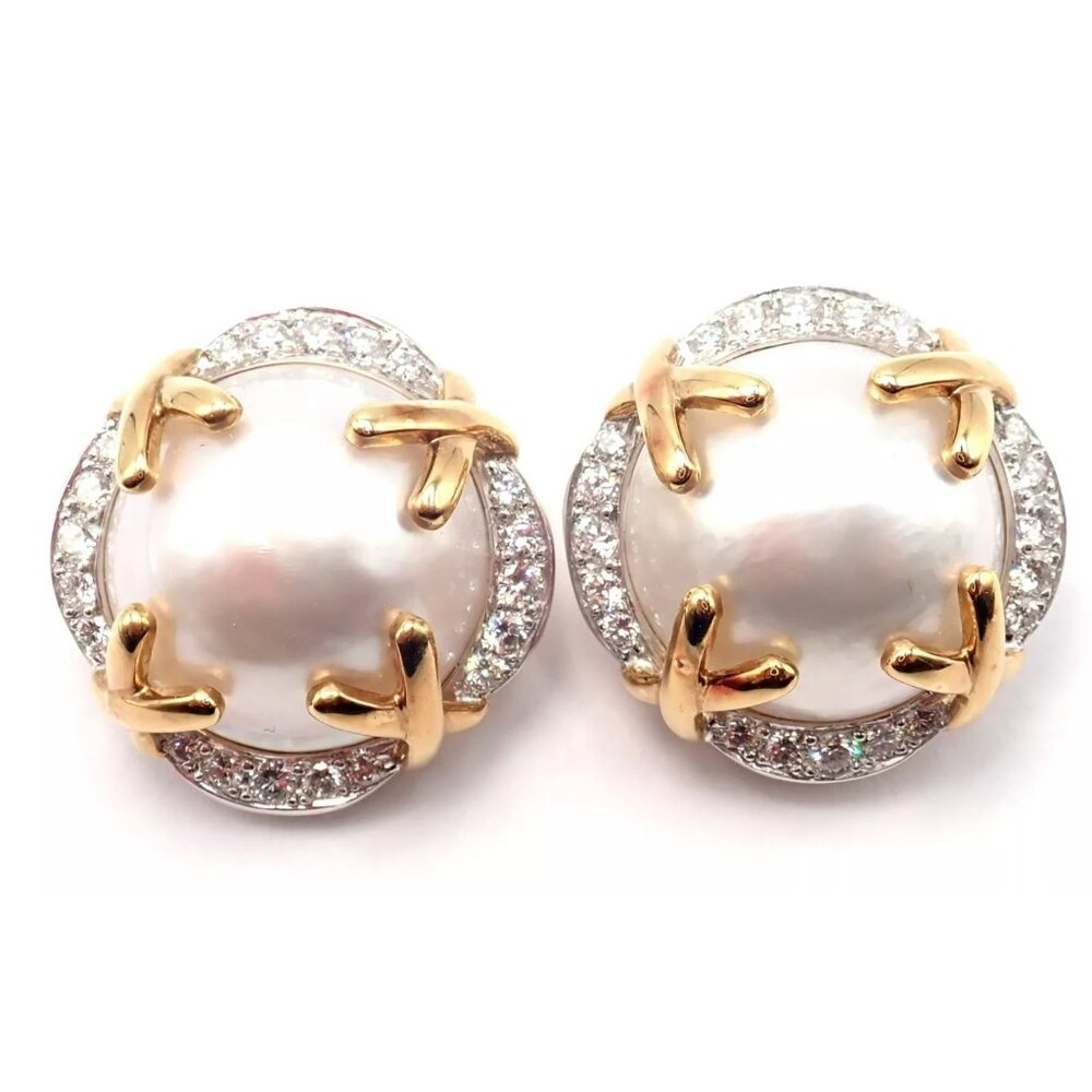 Authentic! Vintage Verdura 18k Yellow Gold Mabe Pearl Diamond Large Earrings - Picture 13 of 14
